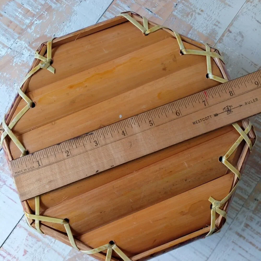 MCM Vintage Tortoise Bamboo Bowl Basket Octagon Burnt Woven Boho Centerpiece 50s